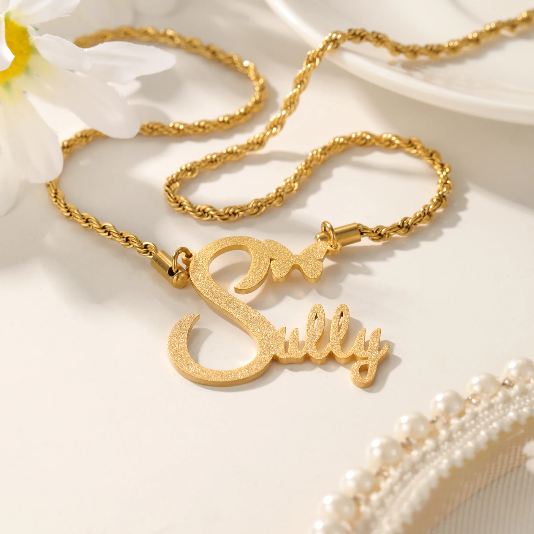 Custom Name Necklace Artistic Font Curved Initial Bow Charm Glitter Sand Finish Braided Chain Personalized Gift forHer Christmas