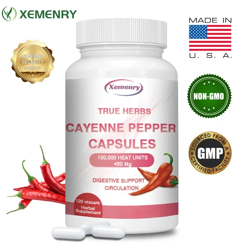 

Cayenne Pepper Capsules 750mg - Improves Digestion, Blood Circulation, and Supports Cardiovascular Health