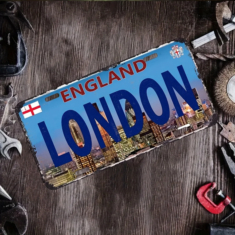 2D Graphic Vintage London Skyline Metal License Plate Wall Art  Dustproof Vintage Metal Sign, Classic Cityscape Design
