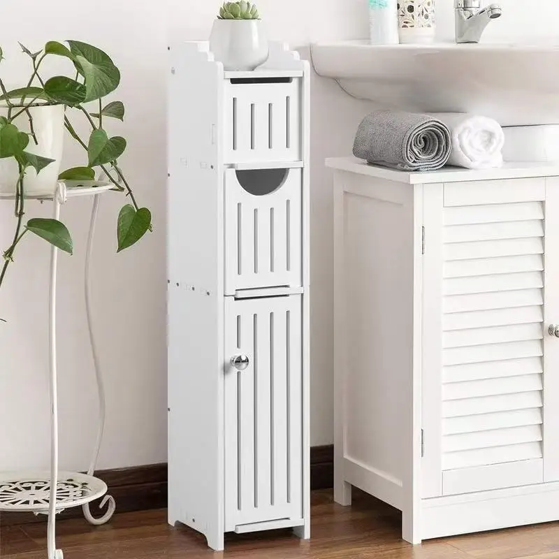 Badezimmerschrank, Bodenaufbewahrungsmöbel mit Tür, weiß, 78 x 20 x 18 cm, 3 Etagen, modern, Badezimmer