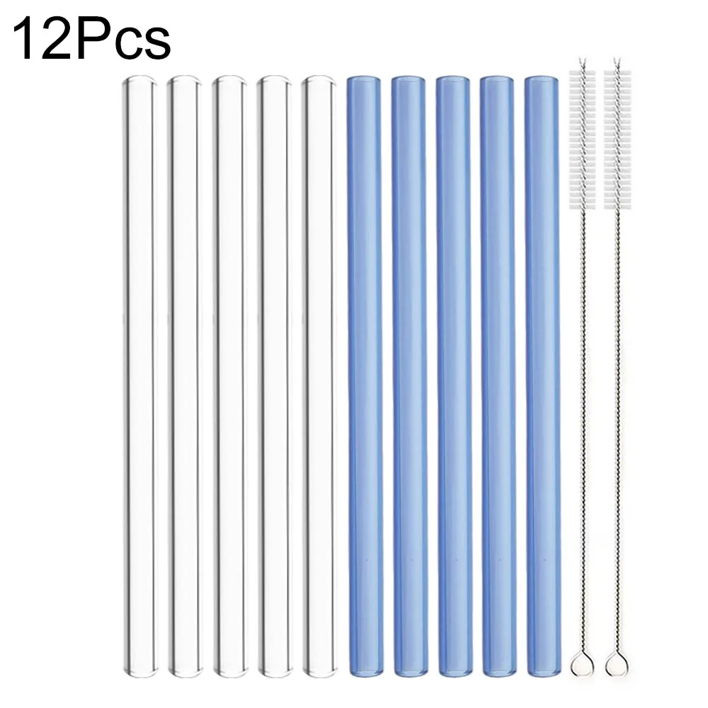 12Pcs Glass Drinking Straw Reusable High Borosilicate Glass Straw Set with Brush Bubble Tea Smoothies Party Bar Accessories