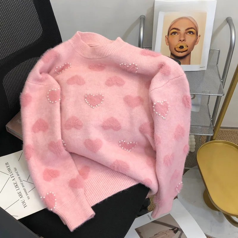 

Розовый вязаный свитер женский осенний мягкий свободный японский ленивый сле ретро милое сердце Camere удобный теплый круглый Ne Lon...