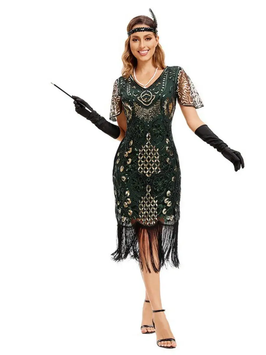 Retro 920s Women's Dr Glitter Performance Gown Mid-Length High-Waisted Polyester Fabric Zipper Sle Faionable Spring C...