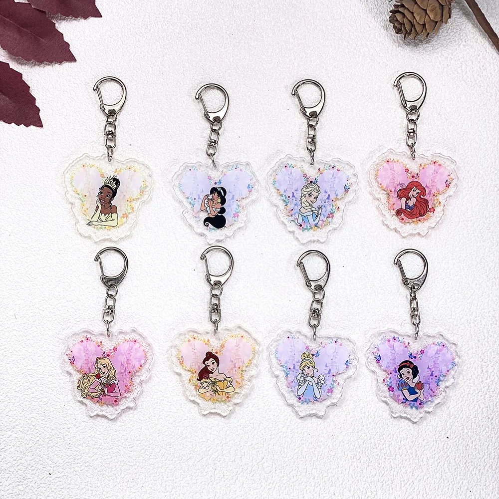 Llavero de princesa de Disney, Ariel, Cenicienta, Tiana, accesorios, colgante acrílico para llavero, decoración de mochila, 1/9 Uds.