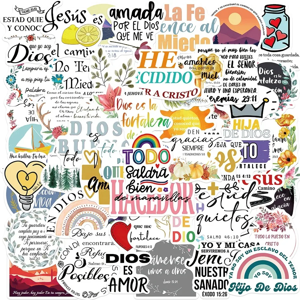 10-50PCS Spanish Bible Verse Stickers Aesthetic Christian PVC Decals For Scrapbooking Laptop Kids School Supplies