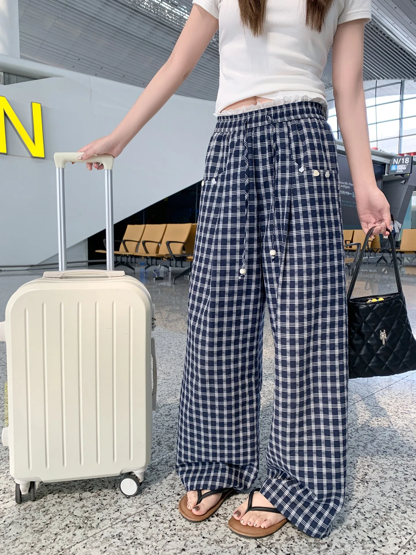 

Синие клетчатые свободные широкие брюки с завышенной талией и шнурком для женщин, летние, новые, в корейском стиле, прямого кроя