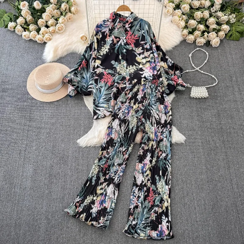 Neploe Fashion Lantern Sleeve Vintage Print Shirts Women+ High Waist Ruched Loose Wide Leg Pants 2024 Summer New Two Piece Sets