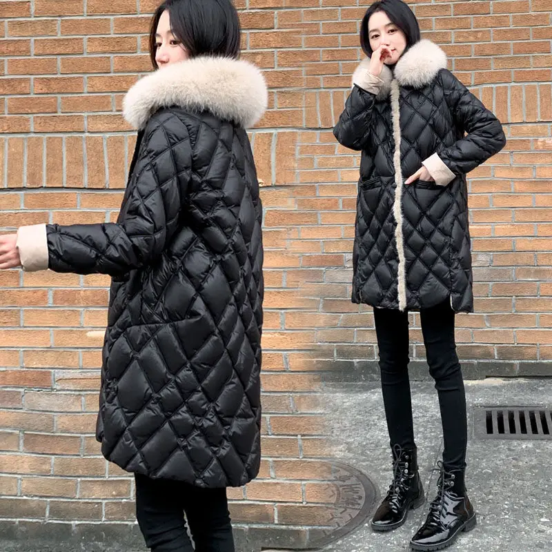 Winter new elegant fashion long style down jacket women's  fox fur collar contrasting colors slimming spliced thick jacket