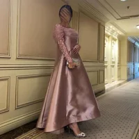 Vestido de fiesta de una línea de satén con ilusión de manga larga y cuello redondo personalizado Vestidos de fiesta de noche con retazos sin espalda فساتנו