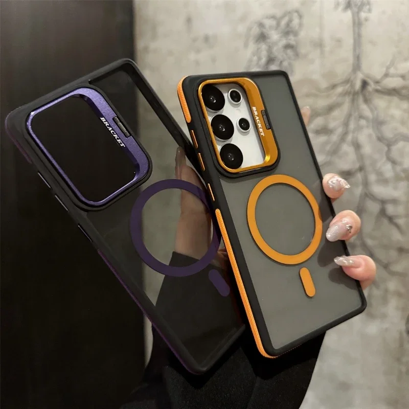 For Magsafe Magnetic Metal Lens Protection Stand Case For Galaxy Samsung S25 S24 S23 S26 Ultra Plus FE Shockproof Cover Bumper 썸네일 3