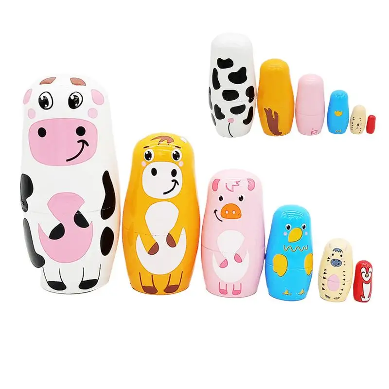 Nesting Dolls For Kids Six-Layer Wooden Animals Matryoshka Doll Handmade Animal Nesting Easter Eggs Cute Cartoon Stacking Toy