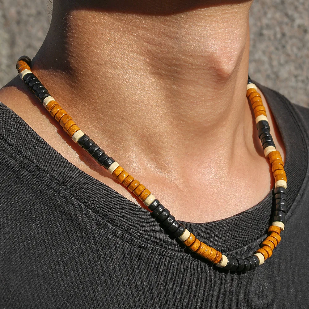 Vintage Herren Halskette aus schwarzen Holzperlen, Bohemian-Stil, Naturstein, Kokosnussschalen-Kette, modischer Schmuck, trendige Accessoires – Detail 1