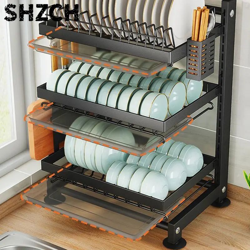 Kitchen Drainage dishes adjustable floor height multi-layer table top multi-functional knife rest chopsticks tube storage rack.