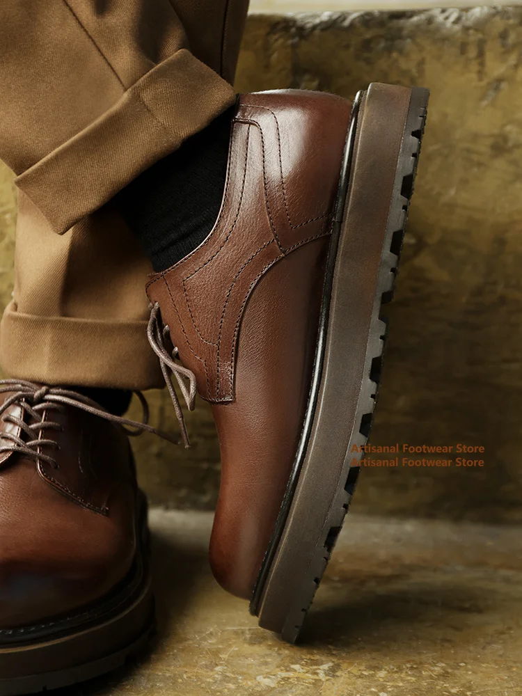 

Thick Soled Casual Leather Shoes British Style Height Increasing Derby Shoes Vintage Trendy Round Toe Wedding Shoes for Men