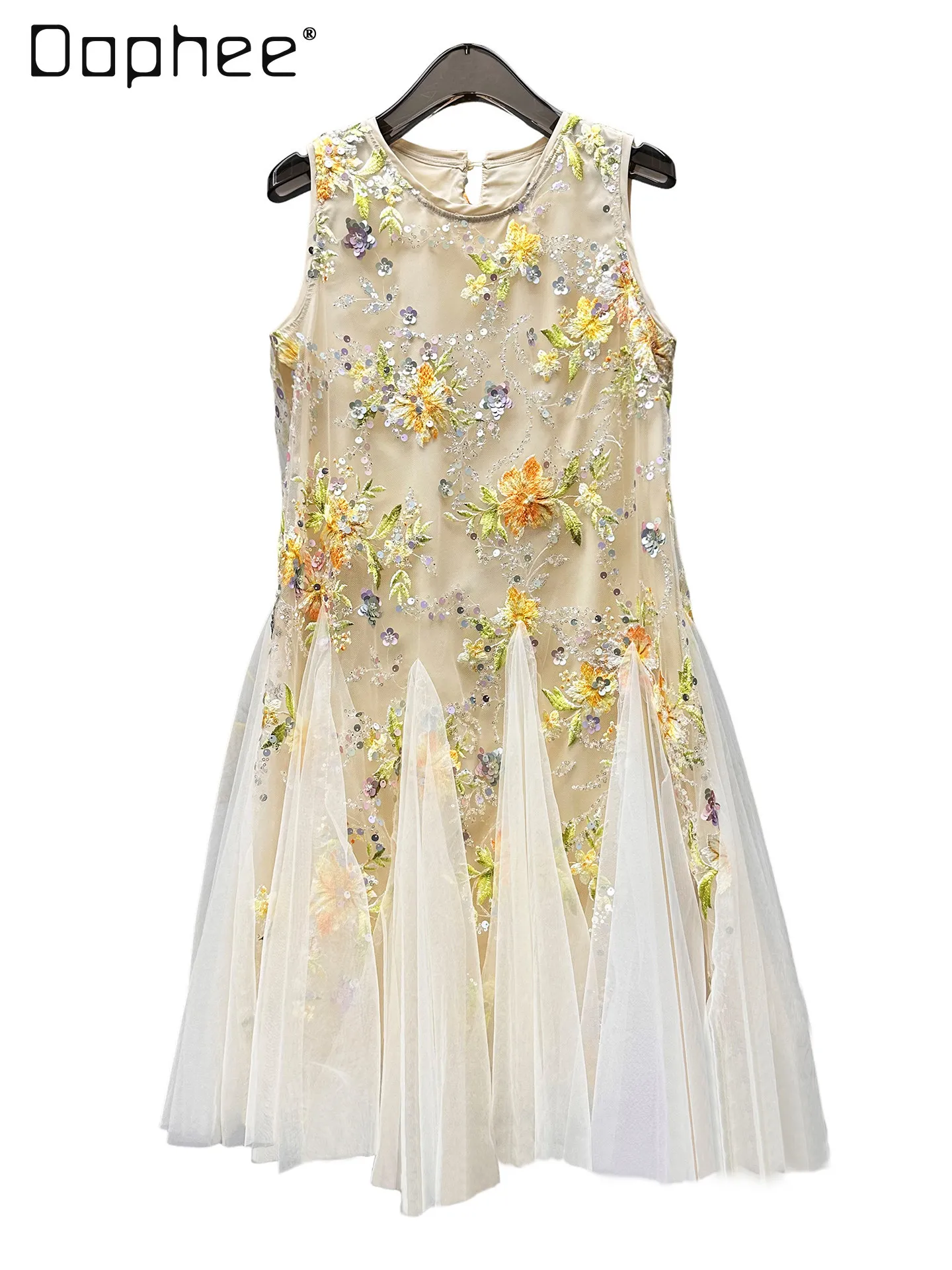 

Mesh Embroidery Flower Heavy Industry Sequined A-line Dress Women Sweet High-end Vest Dress Elegant Socialite Evening Dresses