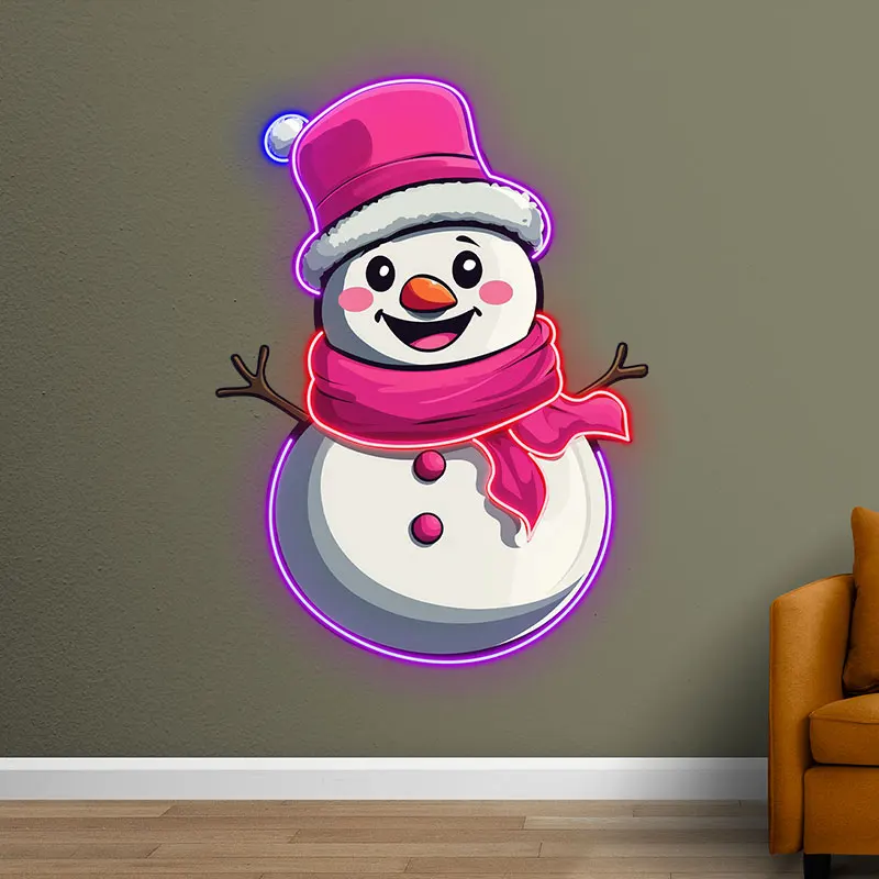 Happy Pink Snowman Neon Sign, Creative Wall Hanging Neon Light, Christmas Gift Decor Light