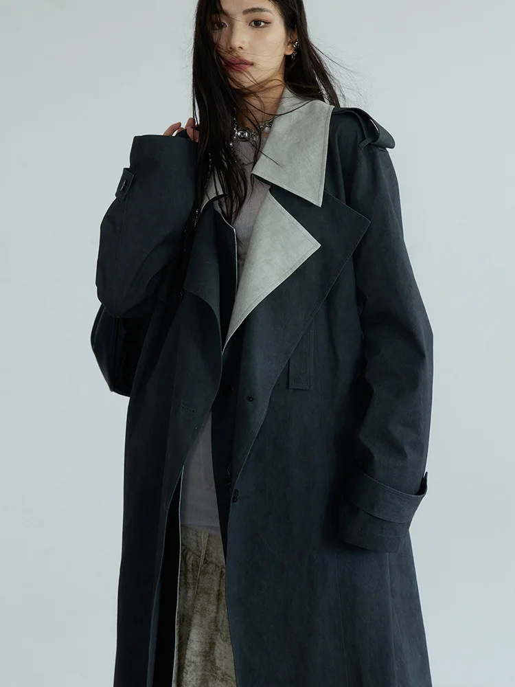 [Vibe] Women Gray Color-block Big Size Long Trench New Lapel Long Sleeve Windbreaker Fashion Tide Spring Autumn 2025