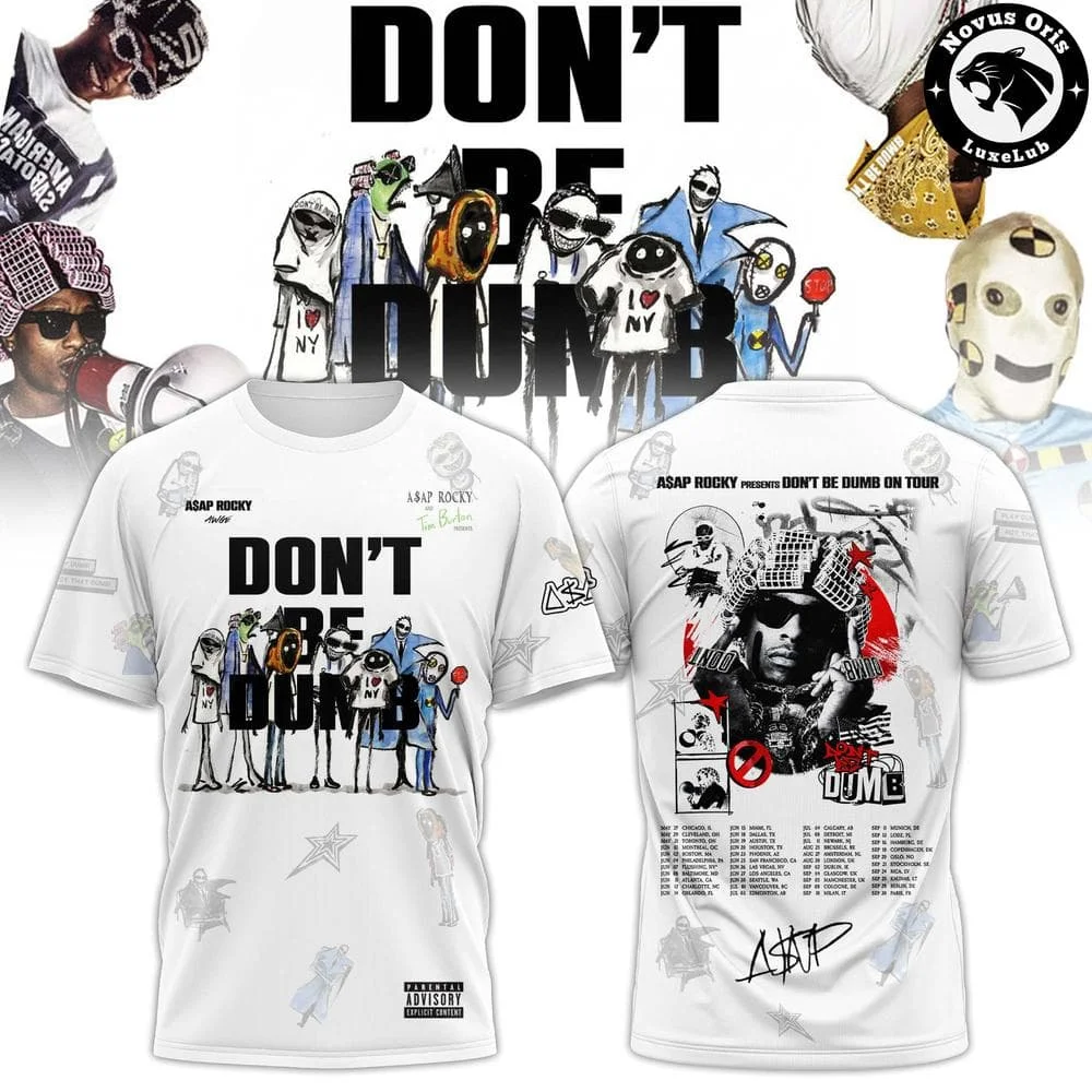 Men ASAP Rocky Don't Be Dumb Tour T Shirt Cartoon Short Sleeve Hip Hop Rap Music Concert Fan Casual Tee Tops  Family Matching