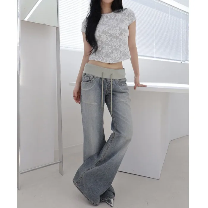 Slimming High Waist Cuffed Jeans Women's Micro Flared Denim Casual Style Distressed Blue Cotton High Elasticity Four Seasons