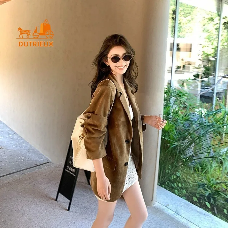 Autumn and Winter Women's Mid-length Suede Suit Real Leather Jacket, 100% Genuine Sheepskin, Noble Romantic Feminine Casual Coat