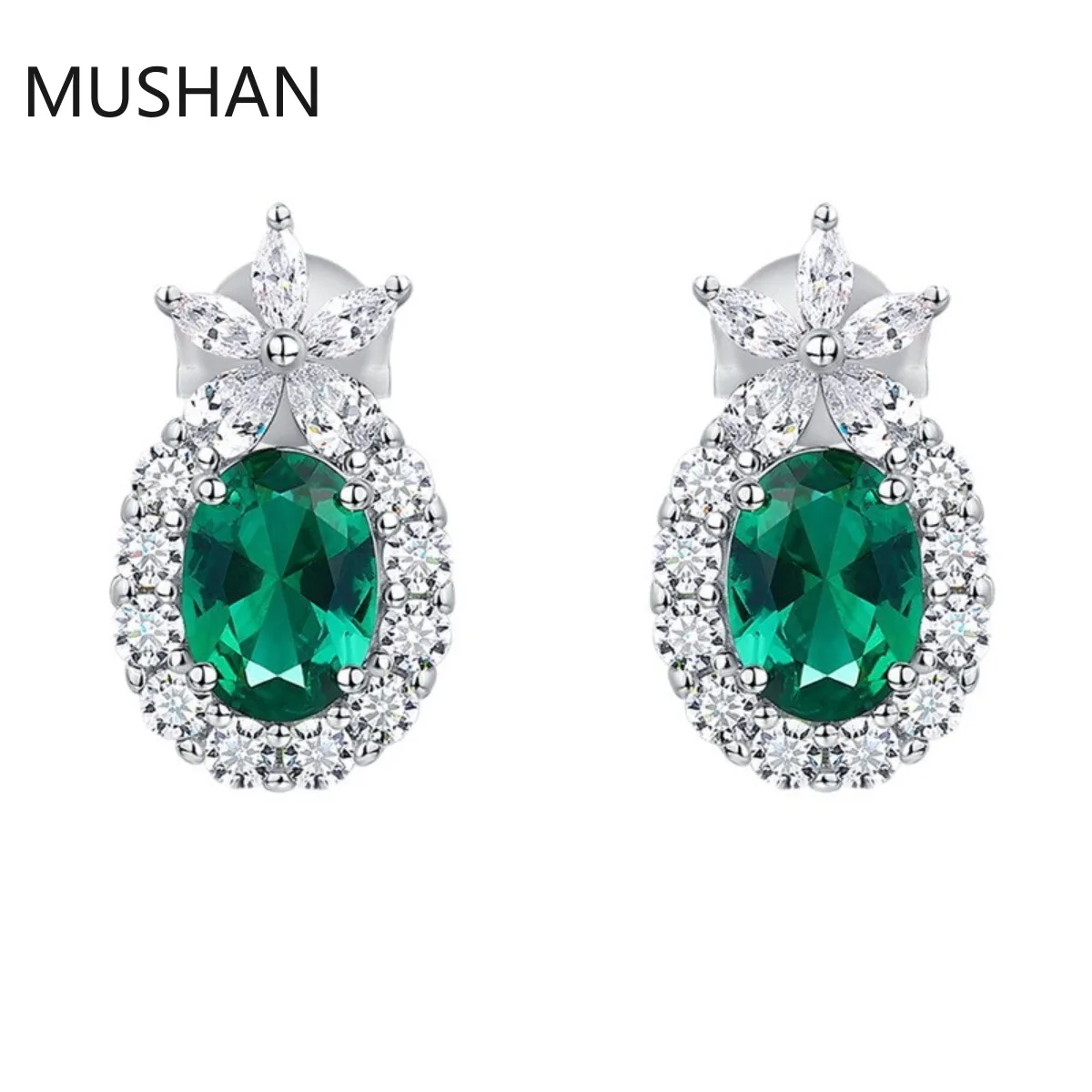 MUSHAN Luxury Jewelry S 925 Sterling Silver Stud Earrings Women GRC Certificated Lab Grown Emerald Earrings Stud Ear Pin Jewelry