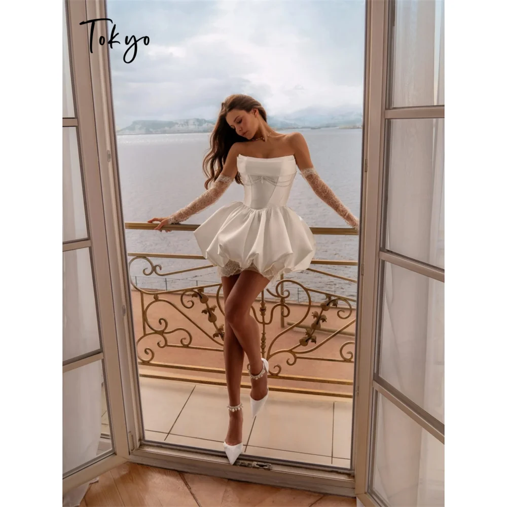 Tokyo Strapless Corset Mini Wedding Dress Bubble Hem Short Bridal Gown Satin Cocktail Dress Playful Chic Bachelorette Gowns 2026