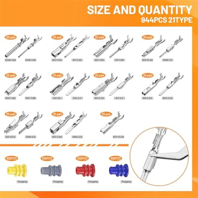 

Versatile 944Pcs Car Electrical Wire Connector And Pin Kit, Non-Insulated, 21 Plug Types, 1Mm To 3.5Mm Sizes