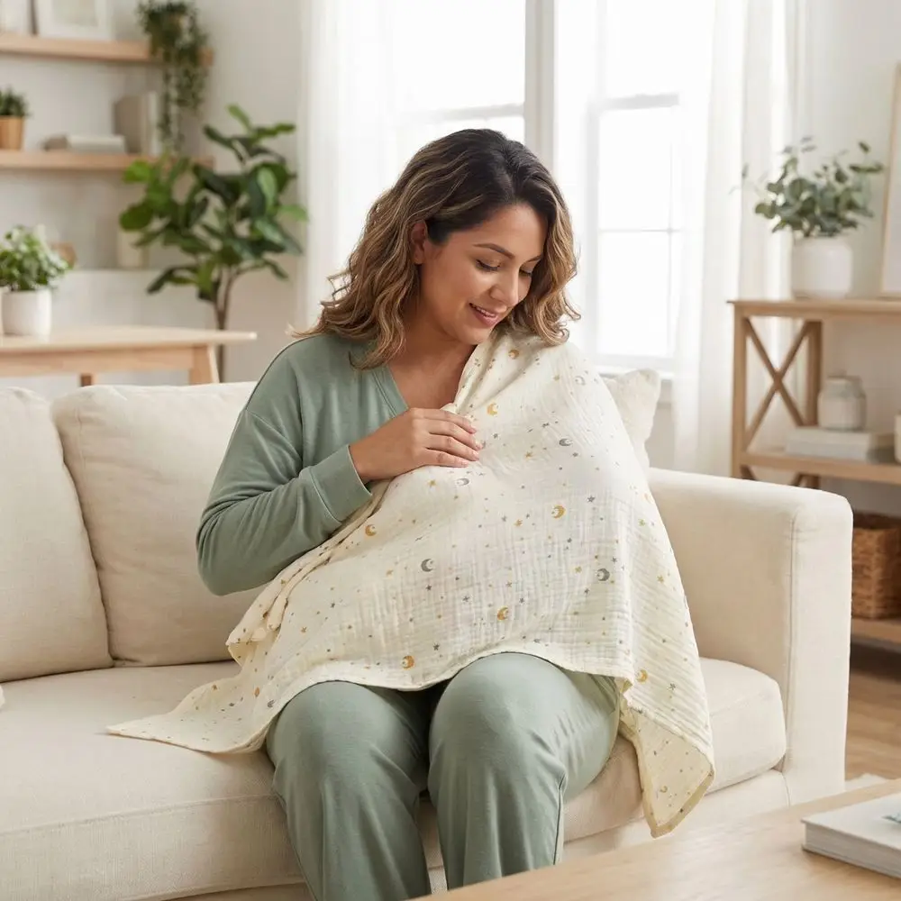 Cotton Breastfeeding Nursing Cover Breathable Arch Neckline Breast Feeding Blanket Adjustable Multi-purpose Use Stroller Blanket