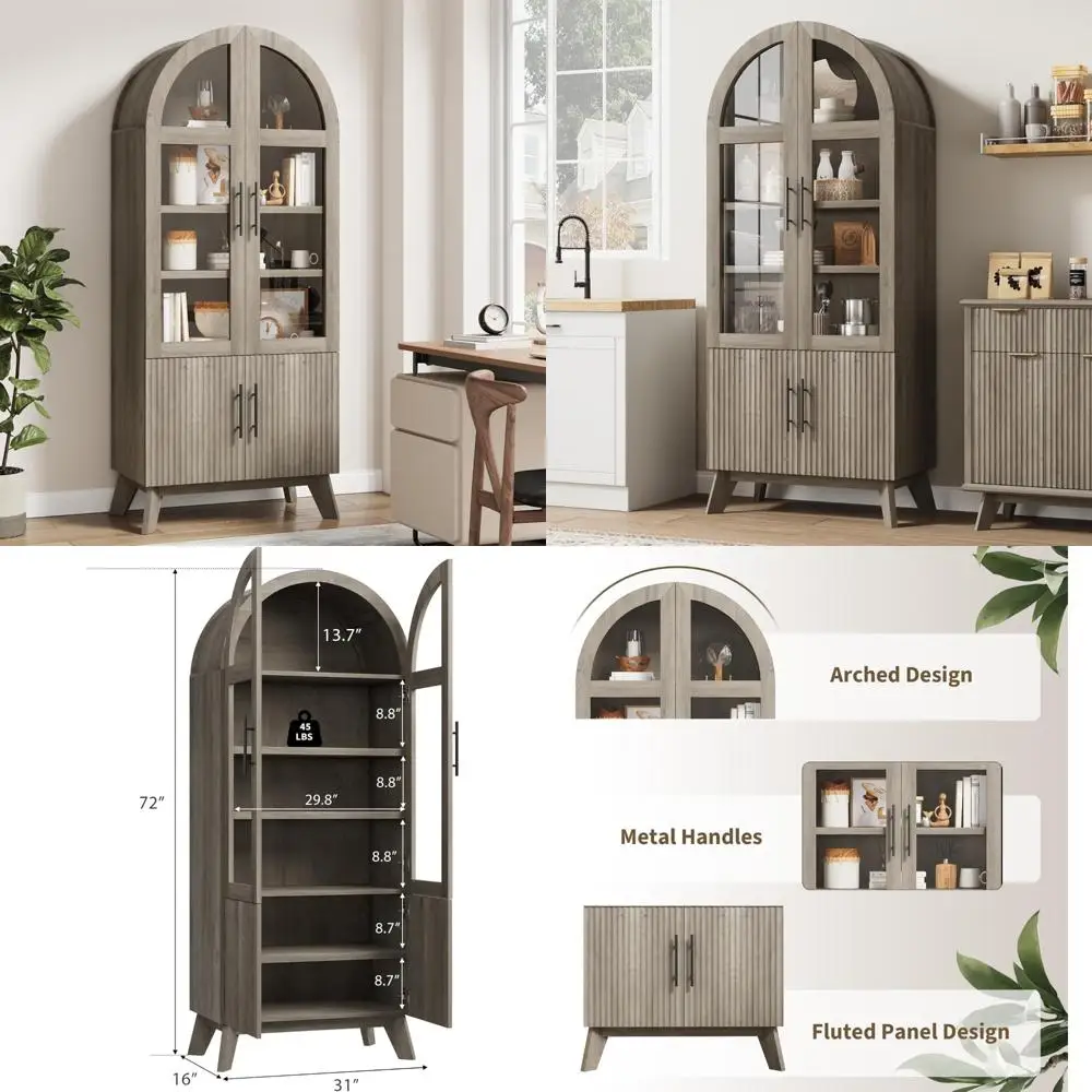 

Contemporary Fluted Glass Door Display Cabinet, Arched Curio with Adjustable Shelves, Bookcase for Collectibles and Books