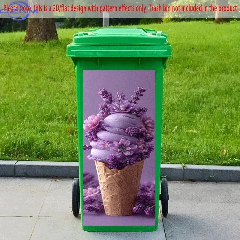 PC 2D Flat Self-Adhesive Trash Can Sticker, Sweet Cone Surrounded by Purple Flowers Decorative Decal, Creative Trash Can Decor