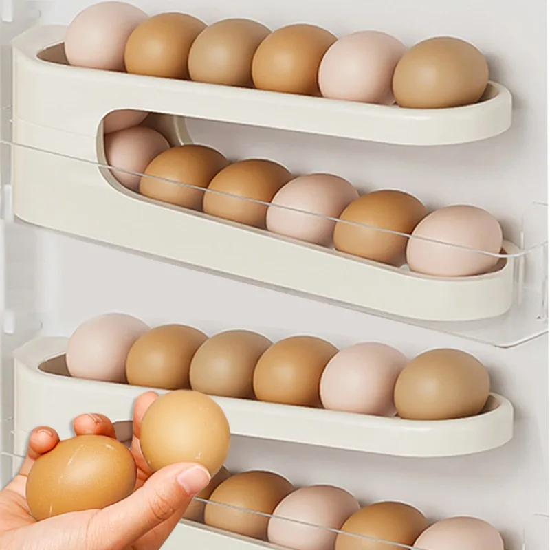 גלילה אוטומטית מחזיק ביצית אחסון ביצה תיבת מיכל המארגן מתארגן גלגלות מקרר ביצה למטבח