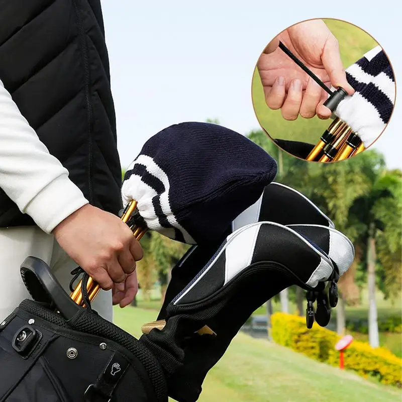 Knitted Head Covers For Golf Clubs Embroidered Drawstring Protective Cover Soft Putter Protector For 7-9 Golf Clubs Elastic