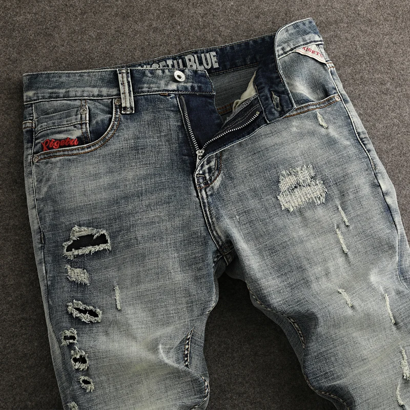 Fashion Designer Men Jeans High Quality Retro Washed Blue Stretch Slim Fit Ripped Jeans Men Hole Patched Vintage Denim Pants