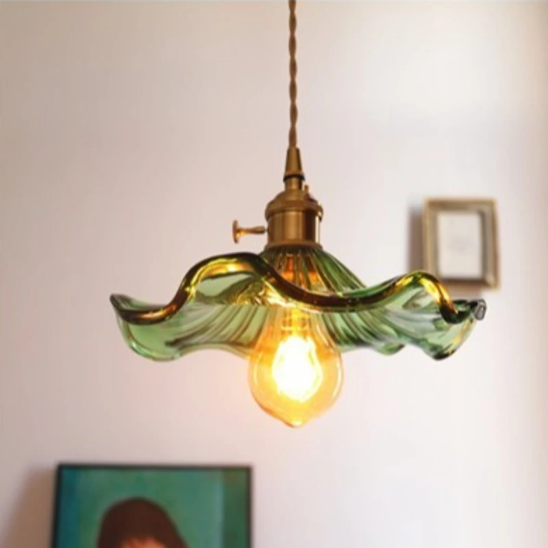 Japanese Retro Brass Glass Lotus Leaf Mini Pendant Light for Dining Room Entryway Balcony Bar Bay Window & Corridor Decoration