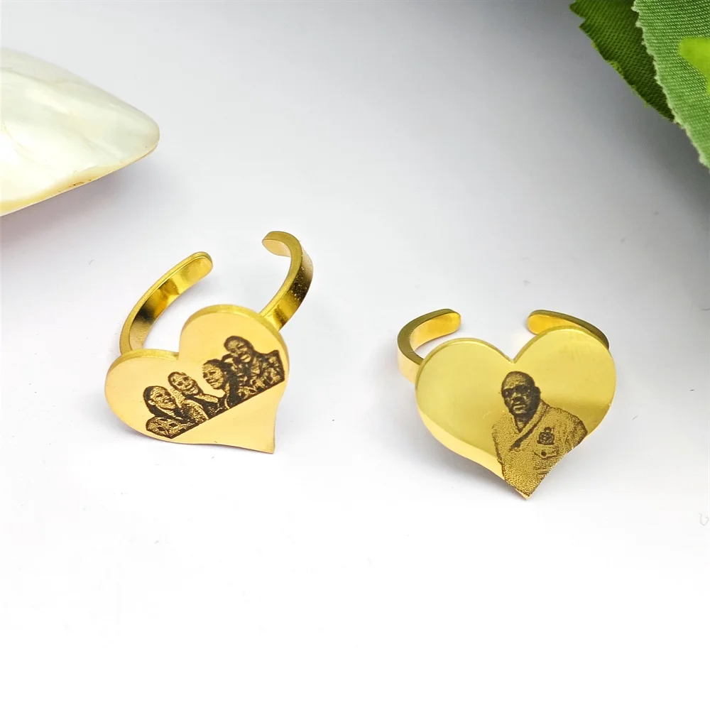 2023 Custom Photo Heart Open Ring Customize Engraving Stainless Steel Adjustable Ring Personalized Jewelry Gifts