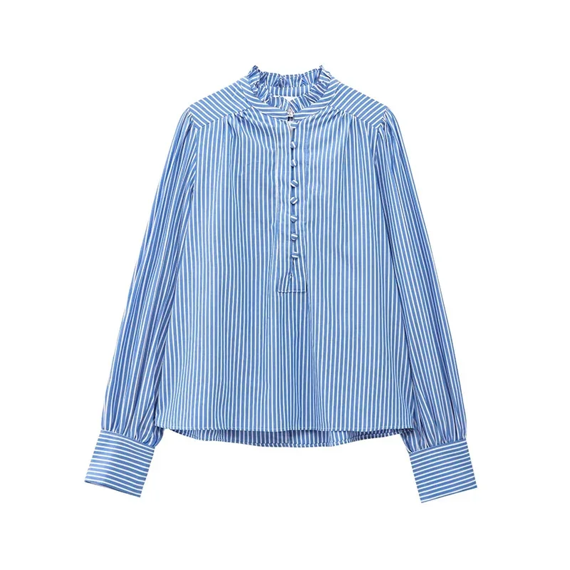 Nieuwe damesoverhemden en blouses Mode lente gestreepte blouse O-hals Ruches Casual shirts met lange mouwen Vrouwelijke elegante blouse