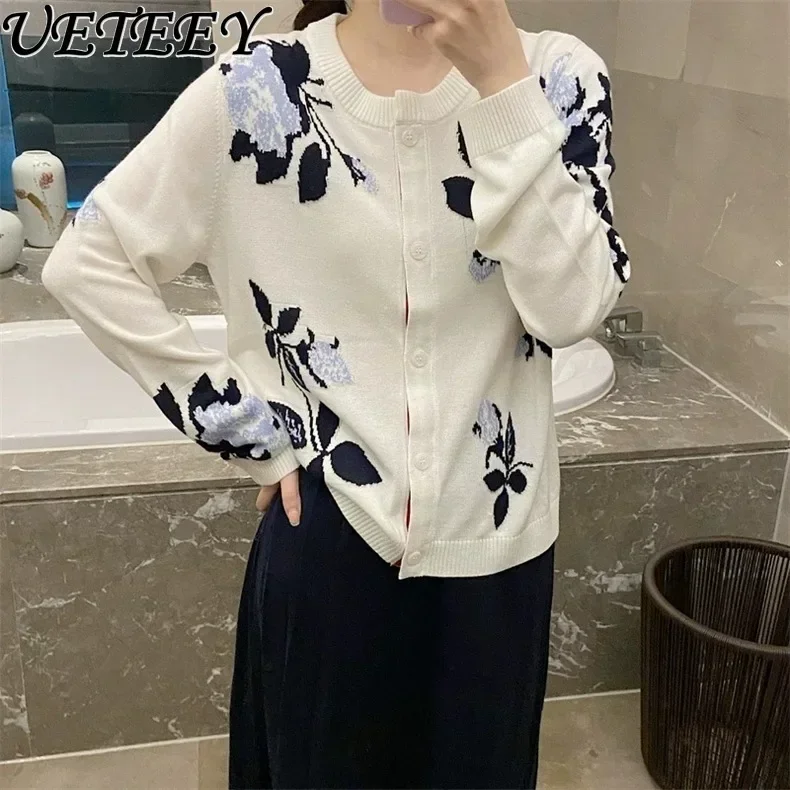 Spring Autumn New College Style Young Flower Long Sleeve Knitted Cardigan Contrast Color Embroidered Crew Neck Sweater Jacket