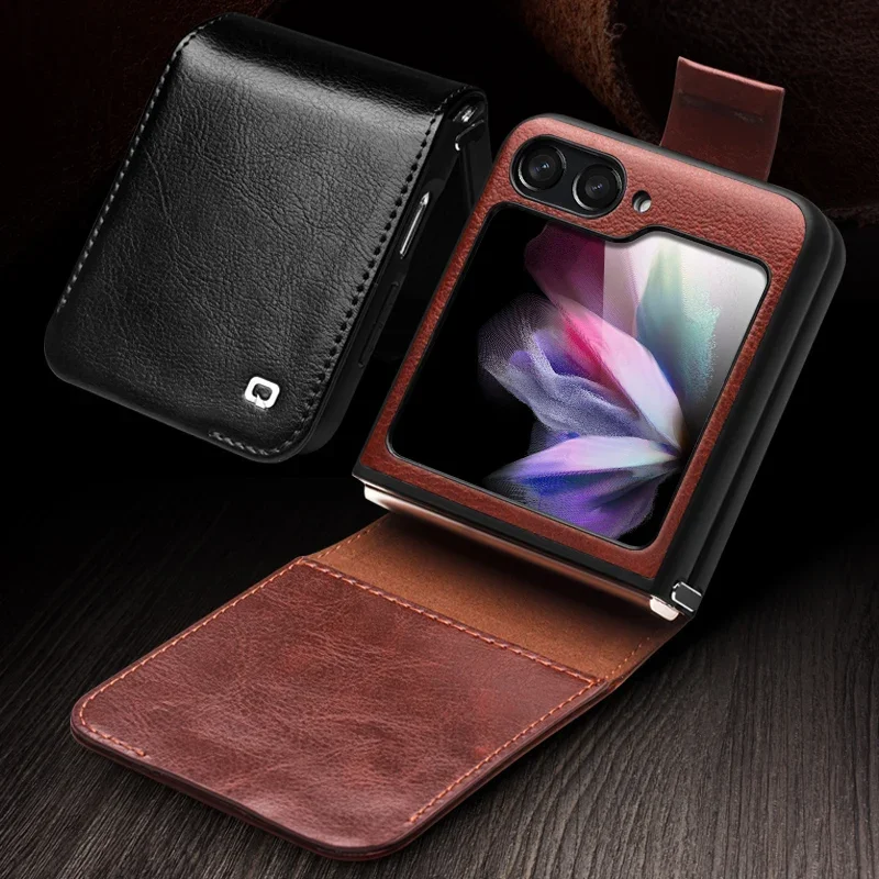 QIALINO 100% Natural Genuine Leather Case for Samsung Galaxy Z Flip5 5G Premium Cowhide Wallet Cover for Samsung Z Flip 5 Case