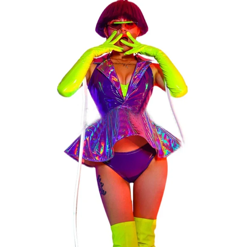 Bar Nightclub Dj Ds Gogo Costume Stage Outfit Sexy Purple Laser Dress Shorts Green Gloves Women Pole Dance Rave Clothes XS5317