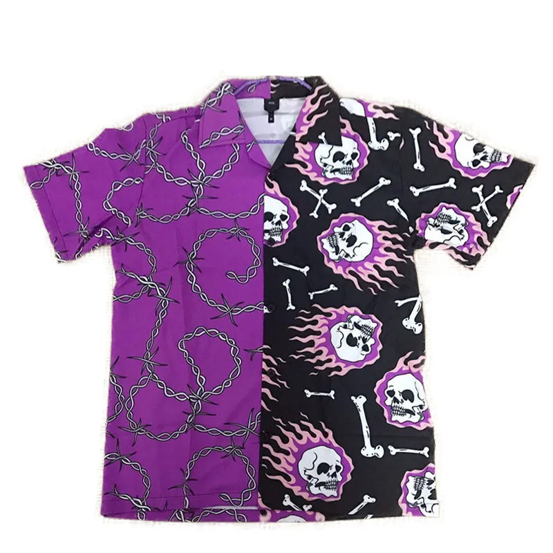 Vintage Purple Black Patch Stitch Shirt Y2K Summer New Men Hawaiian Short Sleeve Mens Woman Skull Printed Oversized Beach Shirts