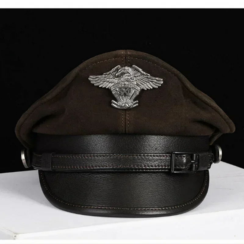 2024 Retro German Military Caps For Men Male Genuine Leather Flat Top Hats European American Captain Locomotive Chapeau