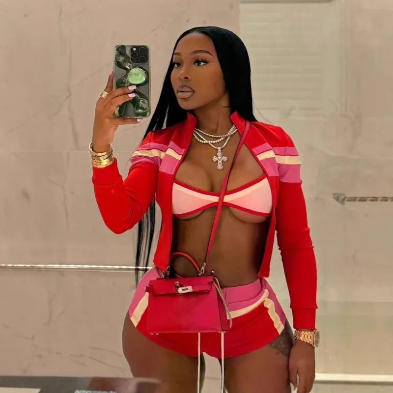 3‑Piece Tracksuit Color Block Striped Zip‑Up Cropped Jacket+Spaghetti Strap Bra+High‑Waist Shorts Set Sexy Y2K Streetwear Outfit