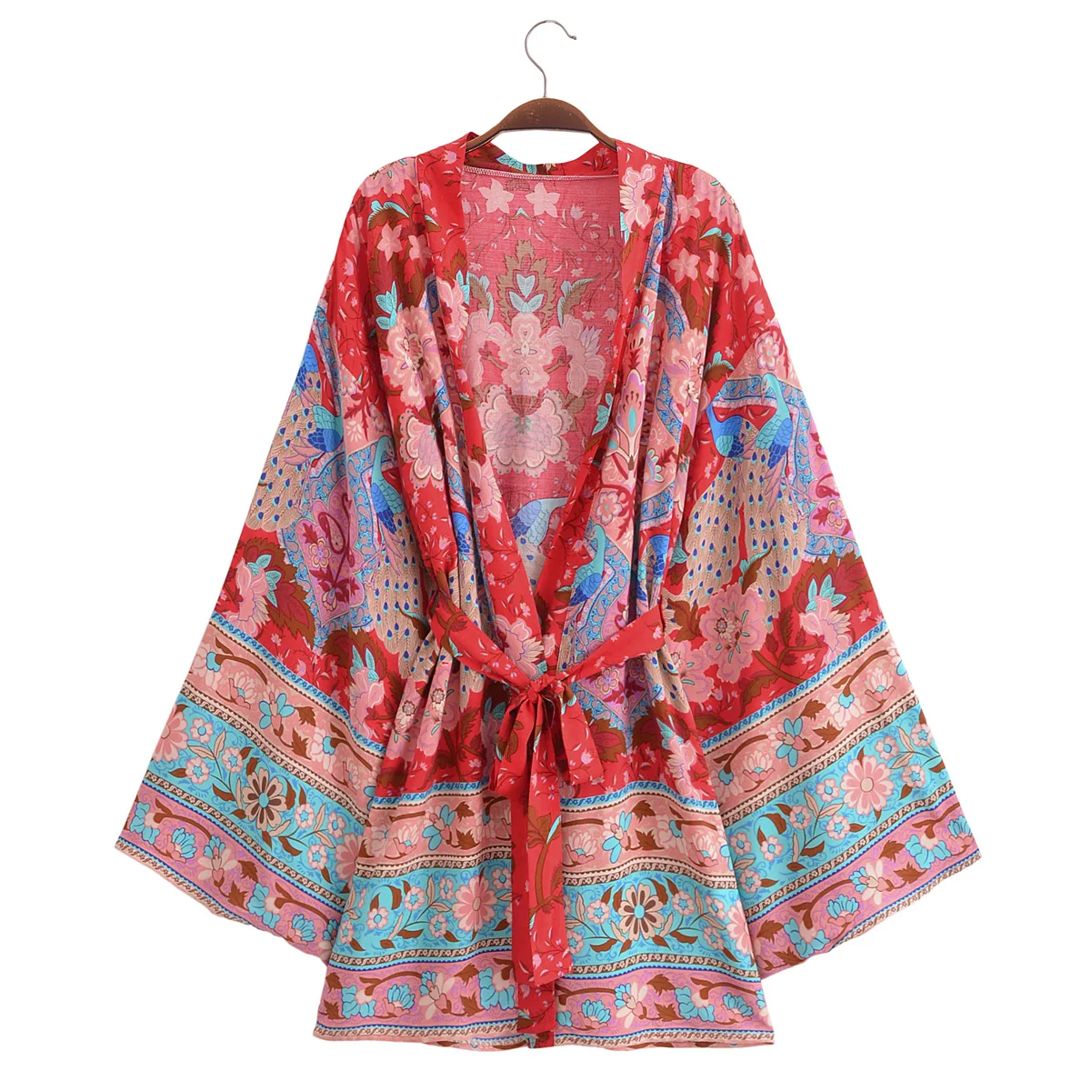 BOHO Women Red Flower Peacock Print Kimono Cardigan Holiday Bat Full Sleeve Tide Bow Sashes Shirt Loose Robe Beach Cape