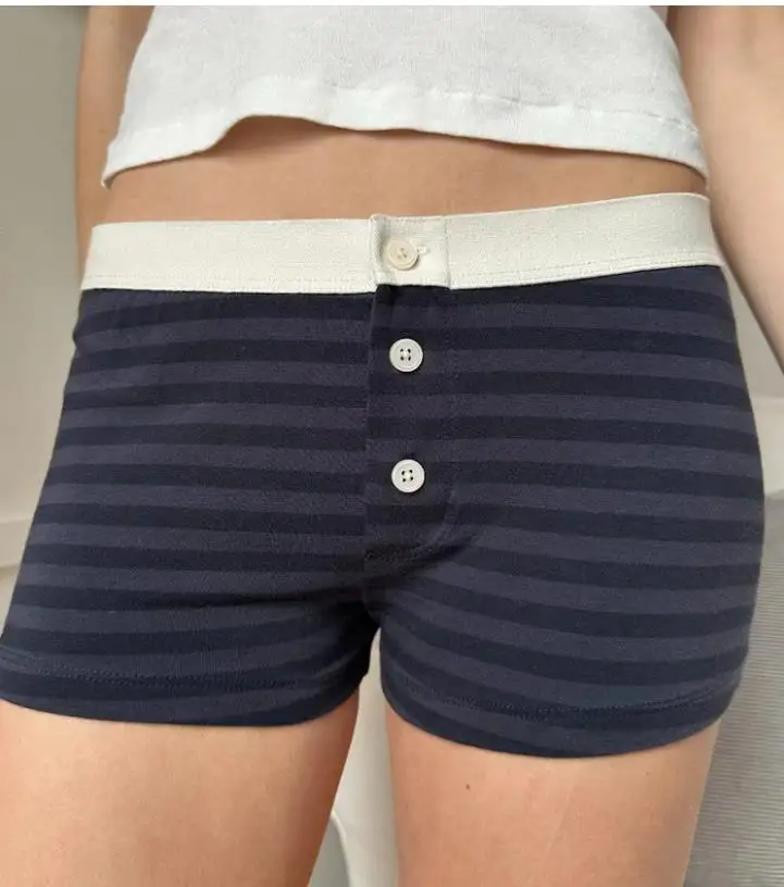 Women s Summer Casual Pajama Shorts Elastic Band Stripe Contrast Color Cartoon Print Button Lounge Shorts