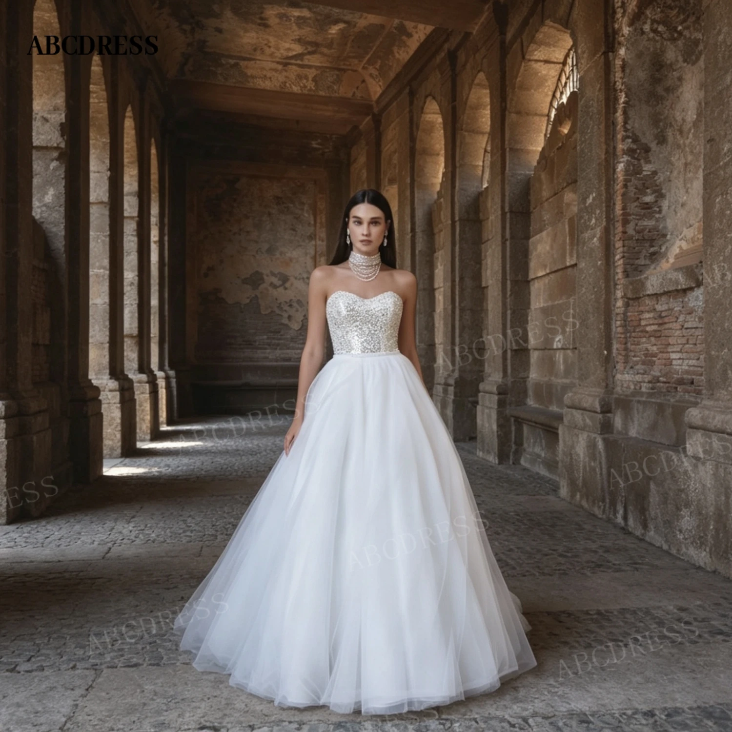 ABCDRESS Customized Starpless Sequin Wedding Dress A Line Bridal Gown Detachable Tulle Cathedral Train Vestido De Novia