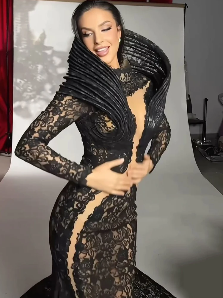 Party-Abendkleider, Maxikleid mit Spitzenakzent, hoher Ausschnitt, Ausschnitt, Tüllstoff, lange Ärmel, bodenlang, Cocktailkleid