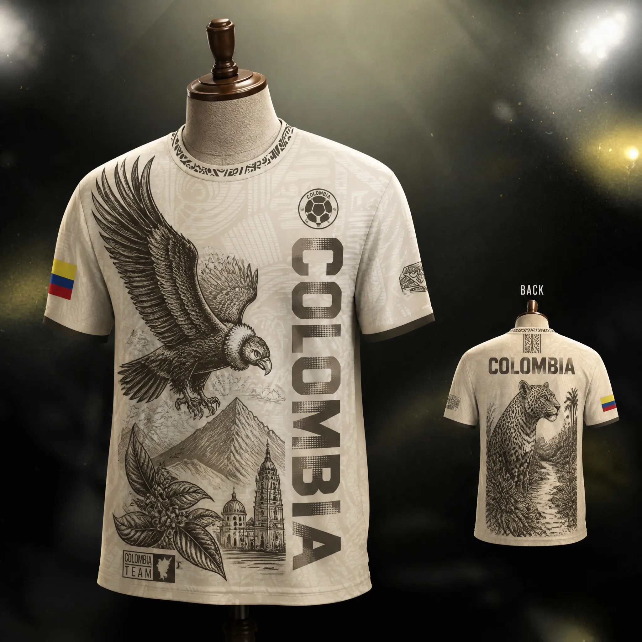 Mens Colombia Crew Neck T Shirt Burgundy Gold Eagle Jaguar Pyramid Graphic Short Sleeve Stadium Casual Top Urban Streetwear Tops