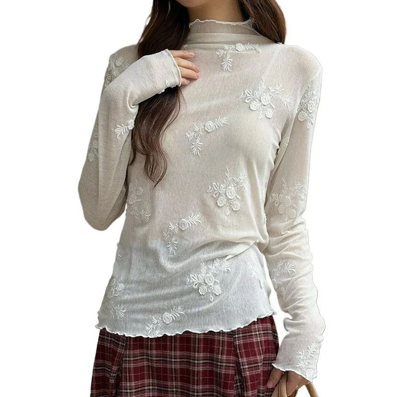 

Design Embroidery Lace Embellished Base Layer Top for Women 2026 Spring/Autumn New Fashion Korean Style Elegant Innerwear Shirt