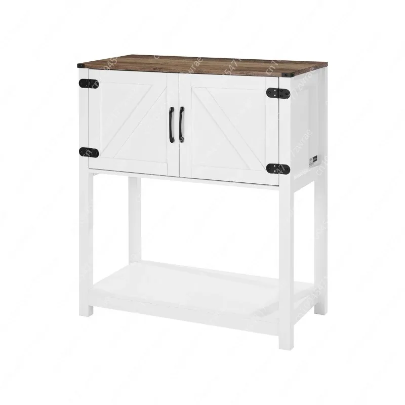 Farmhouse-Style Coffee Bar Cabinet 31.5 Inch White With Brown Top Magnetic Doors Kitchen Storage Living Room Buffet Sideboard