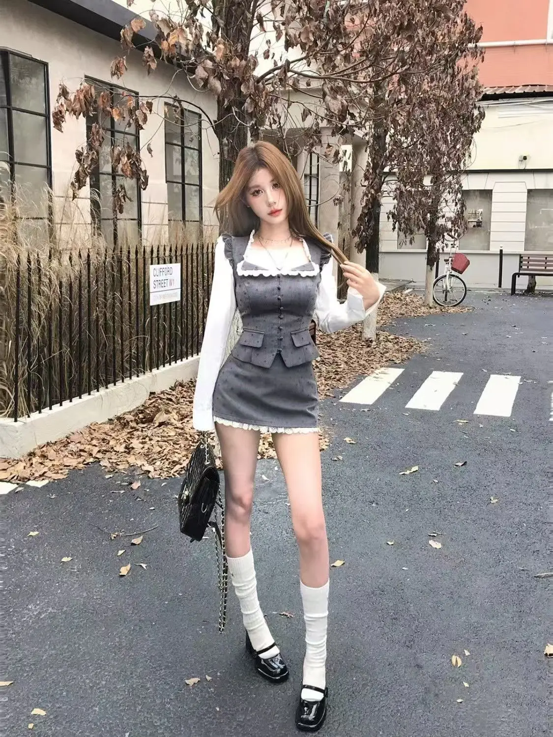 Winter Gray Vintage New Two Piece Set Women Kawaii Lace Tops+sweet Mini Skirt Female Japan Fashion Elegant Japanese Suit 2024